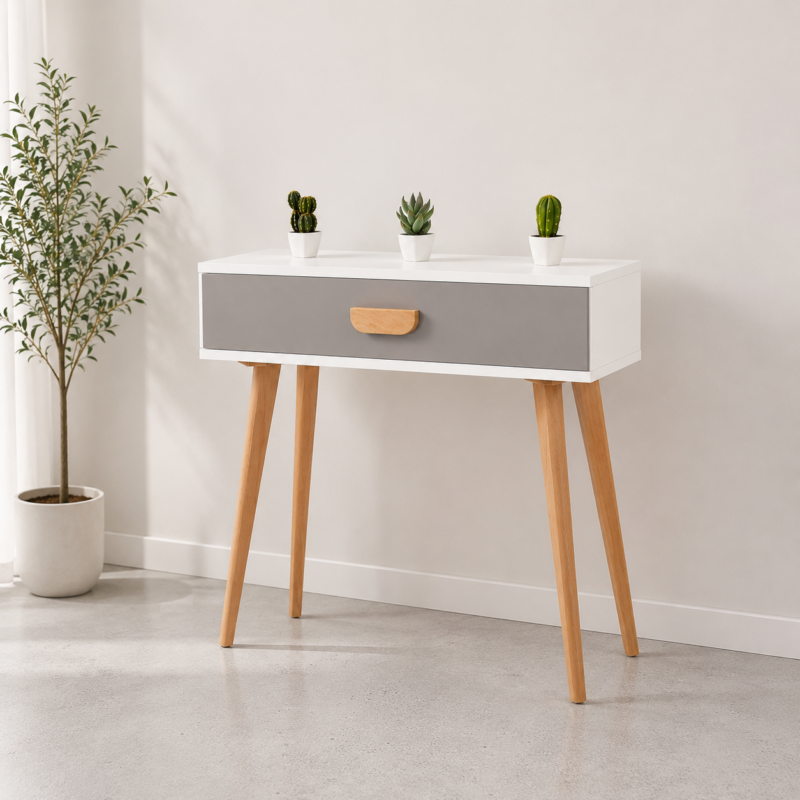 Console d'entrée scandinave blanche et grise avec tiroir, pieds en bois massif et design moderne, idéale pour une entrée, un salon ou une chambre.