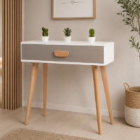 Console d'entrée scandinave blanche et grise avec tiroir, pieds en bois massif et design moderne, idéale pour une entrée, un salon ou une chambre.