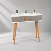 Console d'entrée scandinave blanche et grise avec tiroir, pieds en bois massif et design moderne, idéale pour une entrée, un salon ou une chambre.