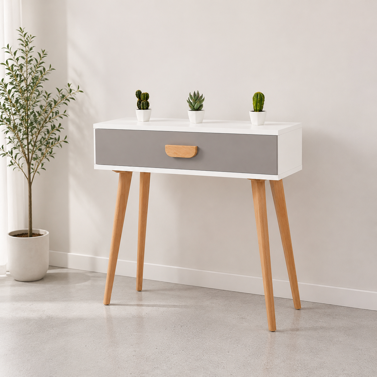 Console Scandinave Blanche et Grise avec Tiroir Console d'entrée scandinave blanche et grise avec tiroir, pieds en bois massif et design moderne, idéale pour une entrée, un salon ou une chambre.