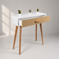Console d'entrée moderne de style scandinave en blanc et bois naturel avec un grand tiroir et des pieds en bois massif, idéale pour une entrée, un salon ou une chambre.