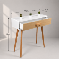 Console d'entrée moderne de style scandinave en blanc et bois naturel avec un grand tiroir et des pieds en bois massif, idéale pour une entrée, un salon ou une chambre.