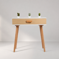 Console d'entrée moderne de style scandinave en blanc et bois naturel avec un grand tiroir et des pieds en bois massif, idéale pour une entrée, un salon ou une chambre.
