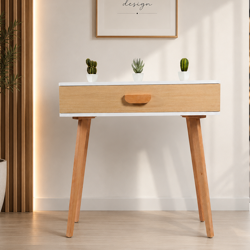Console d'entrée moderne de style scandinave en blanc et bois naturel avec un grand tiroir et des pieds en bois massif, idéale pour une entrée, un salon ou une chambre.