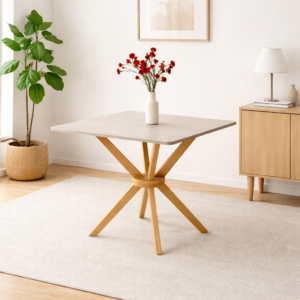 Table à manger carrée en MDF stratifié avec pieds en bois massif, intégrée dans un décor intérieur simple et raffiné sans chaises