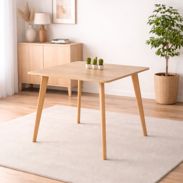 Table à manger carrée design scandinave avec plateau bois clair et pieds en bois naturel, présentée dans un décor minimaliste sans chaises.