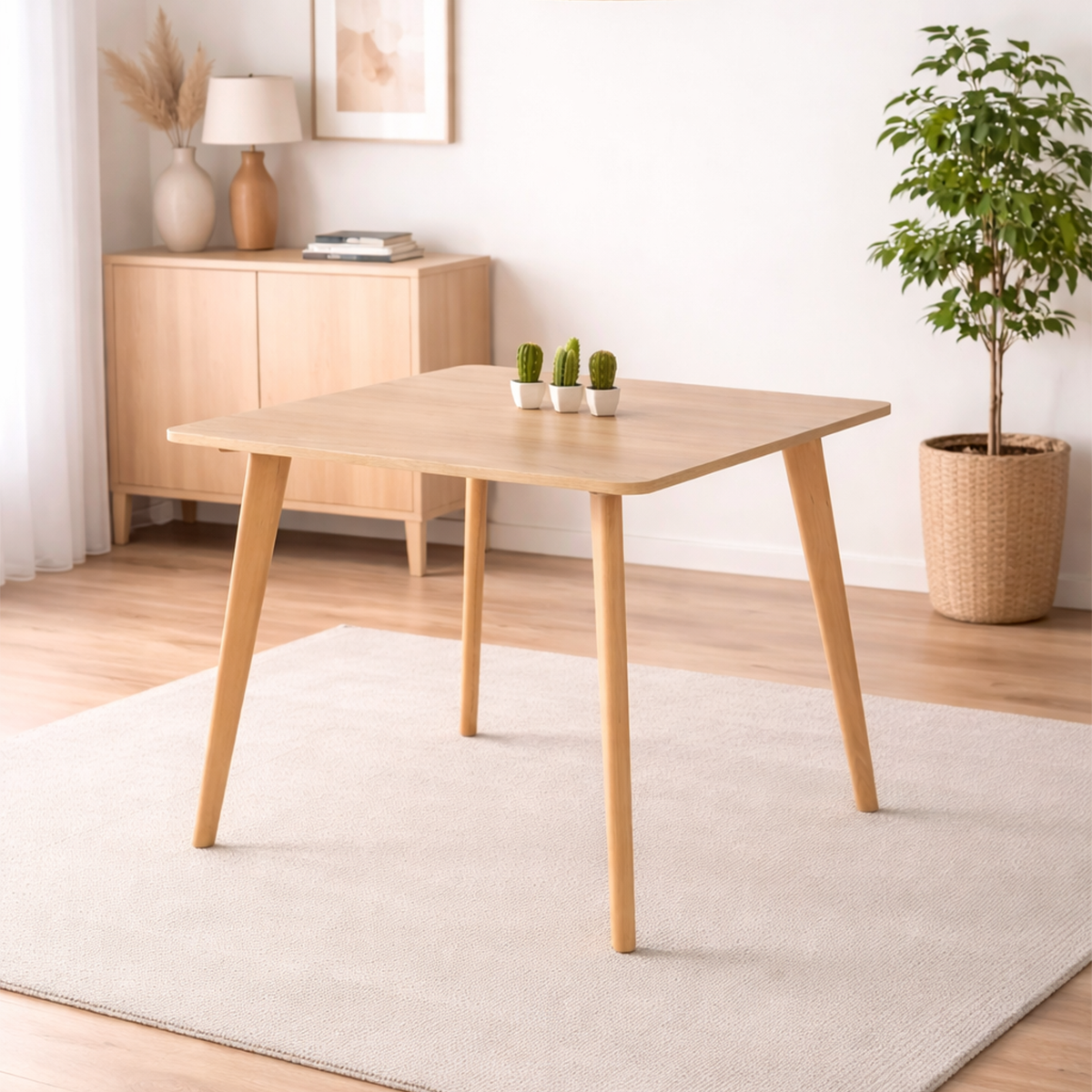 Table à manger carrée design scandinave avec plateau bois clair et pieds en bois naturel, présentée dans un décor minimaliste sans chaises.