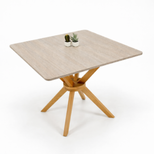 Table à manger carrée avec plateau en MDF stratifié et pieds en bois massif en hêtre, design moderne et stable