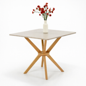 Table à manger carrée avec plateau en MDF stratifié et pieds en bois massif en hêtre, design moderne et stable