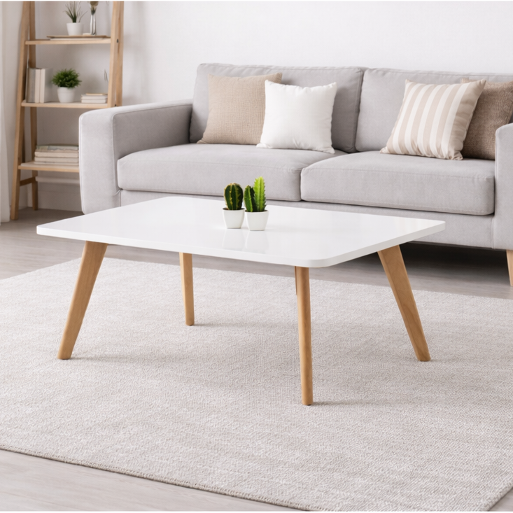 Table basse blanche rectangulaire avec pieds en bois naturel, intégrée dans un salon moderne et minimaliste.