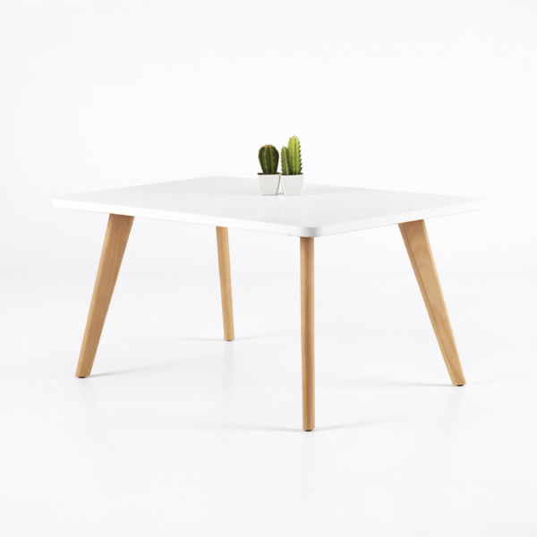 Table basse carrée blanche au design scandinave avec plateau lisse et pieds en bois naturel, idéale pour salon moderne et minimaliste.