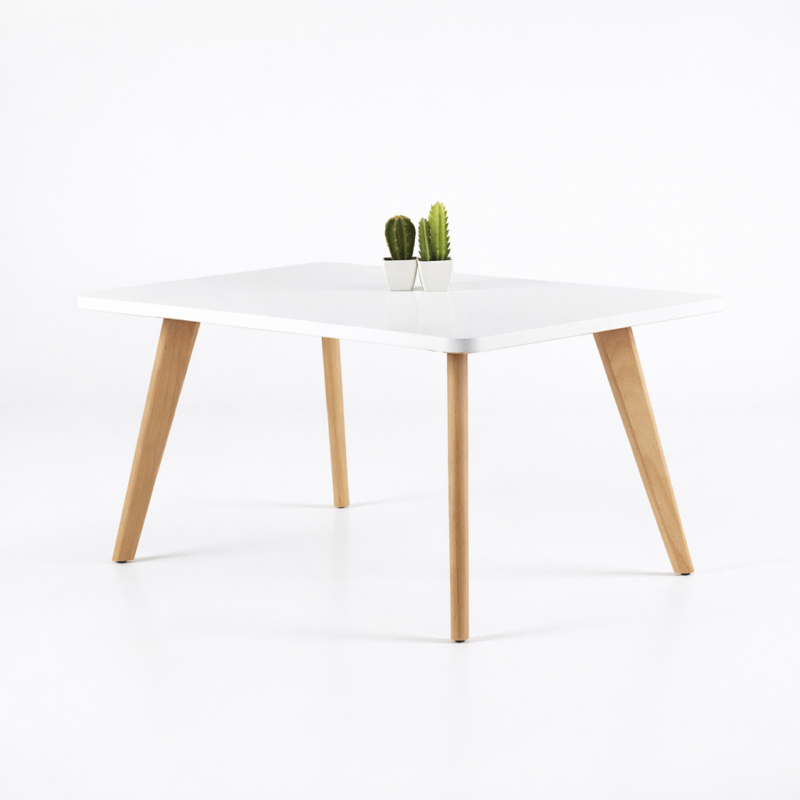 Table basse carrée blanche au design scandinave avec plateau lisse et pieds en bois naturel, idéale pour salon moderne et minimaliste.