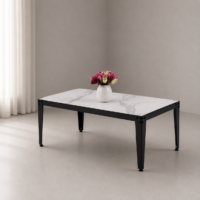 Table basse rectangulaire effet marbre blanc avec pieds en métal noir, intégrée dans un salon prestigieux aux tons neutres et décoration élégante.
