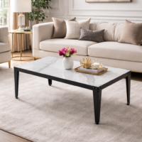 Table basse rectangulaire effet marbre blanc avec pieds en métal noir, intégrée dans un salon prestigieux aux tons neutres et décoration élégante.