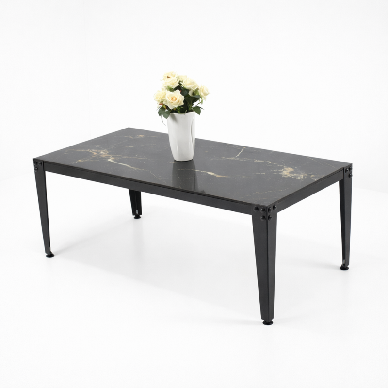 Table basse rectangulaire noire effet marbre avec pieds en métal noir et vase décoratif, design moderne et élégant