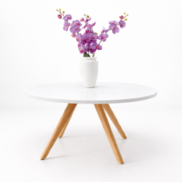 Table basse ronde blanche de style scandinave avec pieds inclinés en bois naturel, présentée sur fond blanc épuré