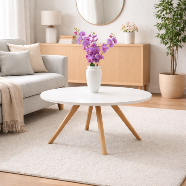 Table basse ronde blanche de style scandinave avec pieds en bois naturel, intégrée dans un salon moderne et lumineux