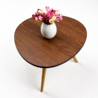 Table basse ronde en bois naturel avec plateau foncé et pieds inclinés en bois clair sur fond blanc