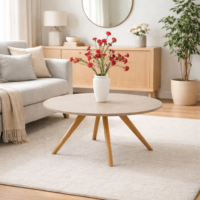 Table basse ronde en bois naturel de style scandinave intégrée dans un salon moderne et chaleureux avec décoration épurée