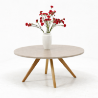 Table basse ronde en bois naturel de style scandinave avec pieds inclinés, présentée sur fond blanc épuré
