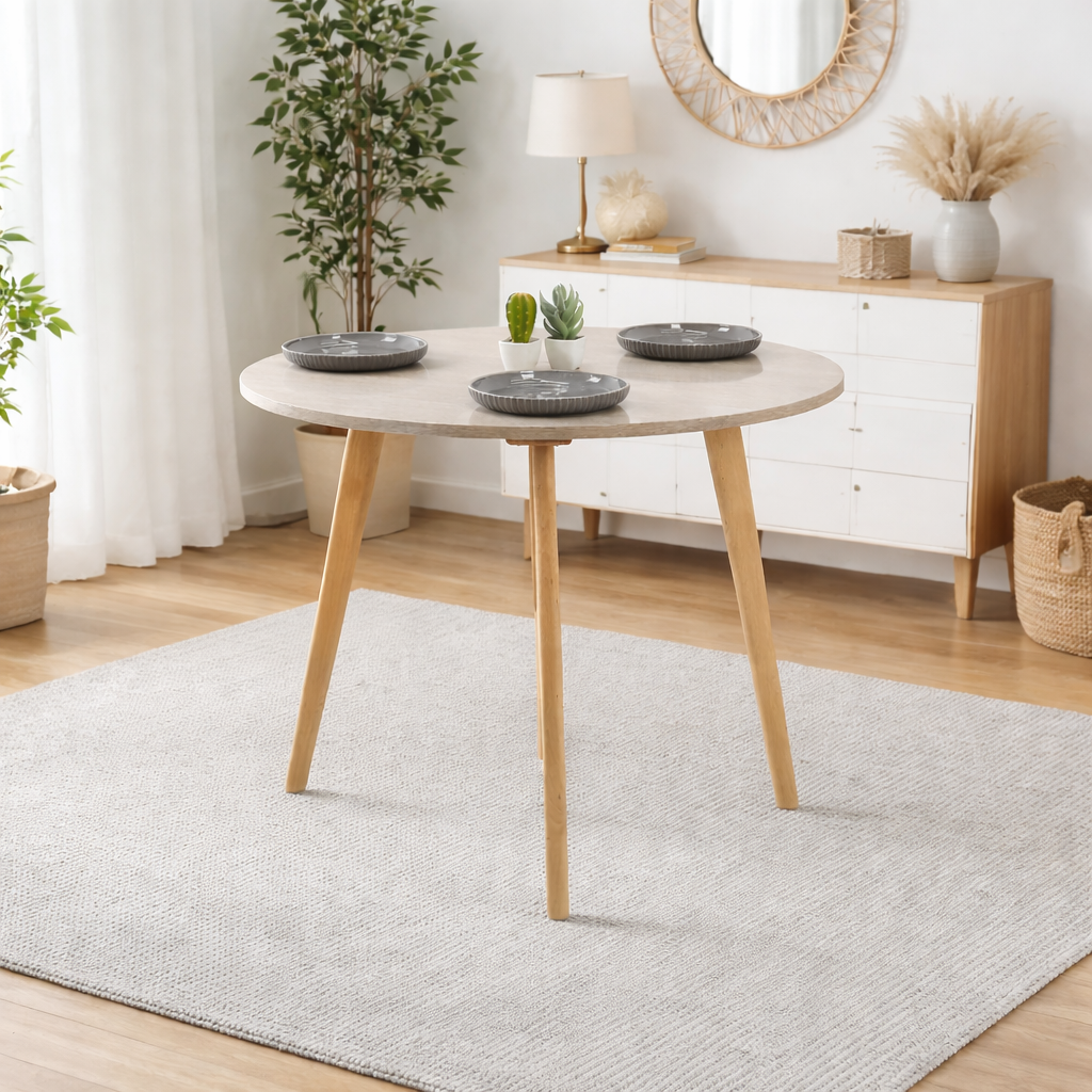 Table ronde scandinave en bois clair avec plateau beige, intégrée dans un décor intérieur minimaliste et lumineux, sans chaises.