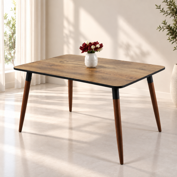Table à manger rectangulaire en bois avec pieds inclinés style scandinave sur fond blanc épuré.