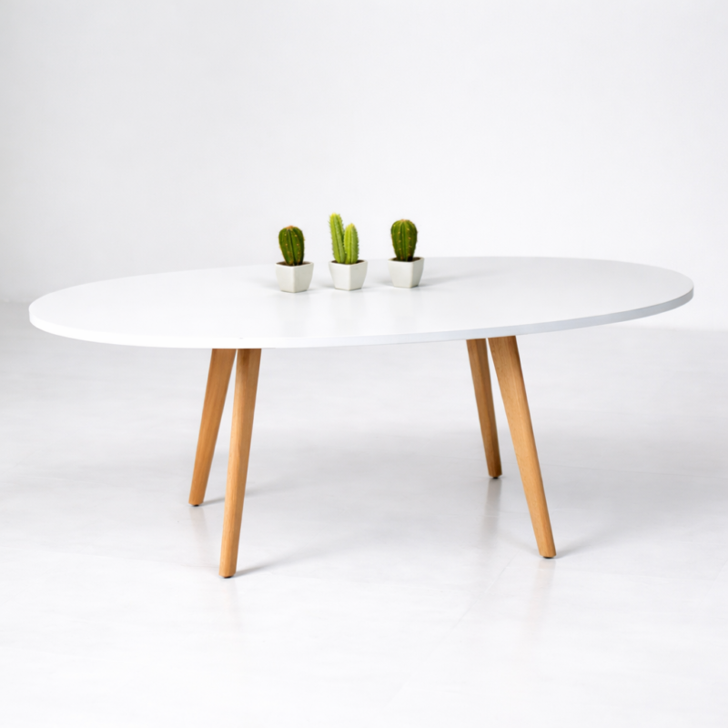 Table basse ovale blanche avec pieds en bois, décorée avec cactus et bougies allumées – Tunisie