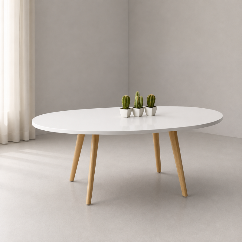 Table basse ovale blanche avec pieds en bois dans un salon cozy et chaleureux, décorée avec cactus et bougies allumées – Tunisie