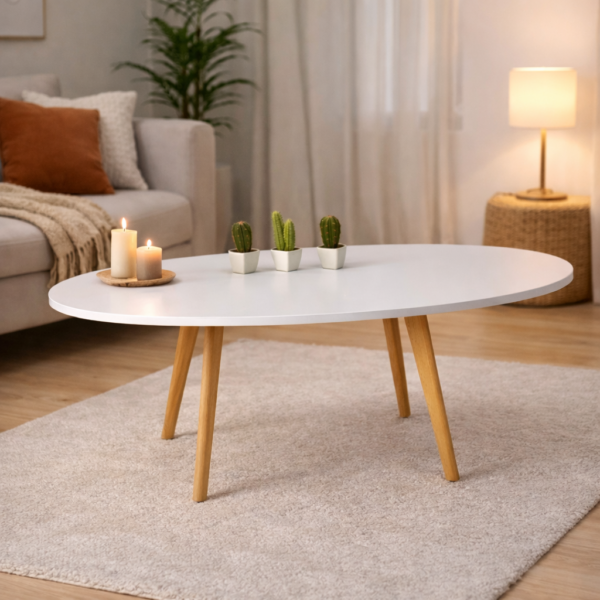Table basse ovale blanche avec pieds en bois dans un salon cozy et chaleureux, décorée avec cactus et bougies allumées – Tunisie