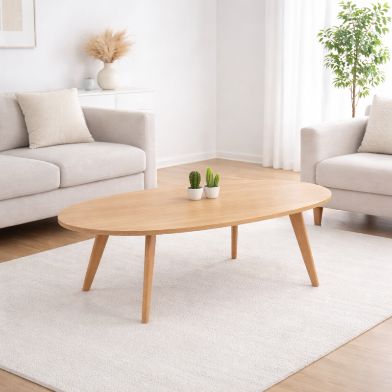 Table basse ovale en bois clair intégrée dans un salon moderne et minimaliste avec canapé beige et tapis clair – Tunisie