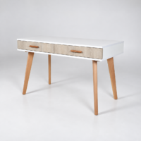 Bureau console blanc et grège à 2 tiroirs avec pieds en bois naturel