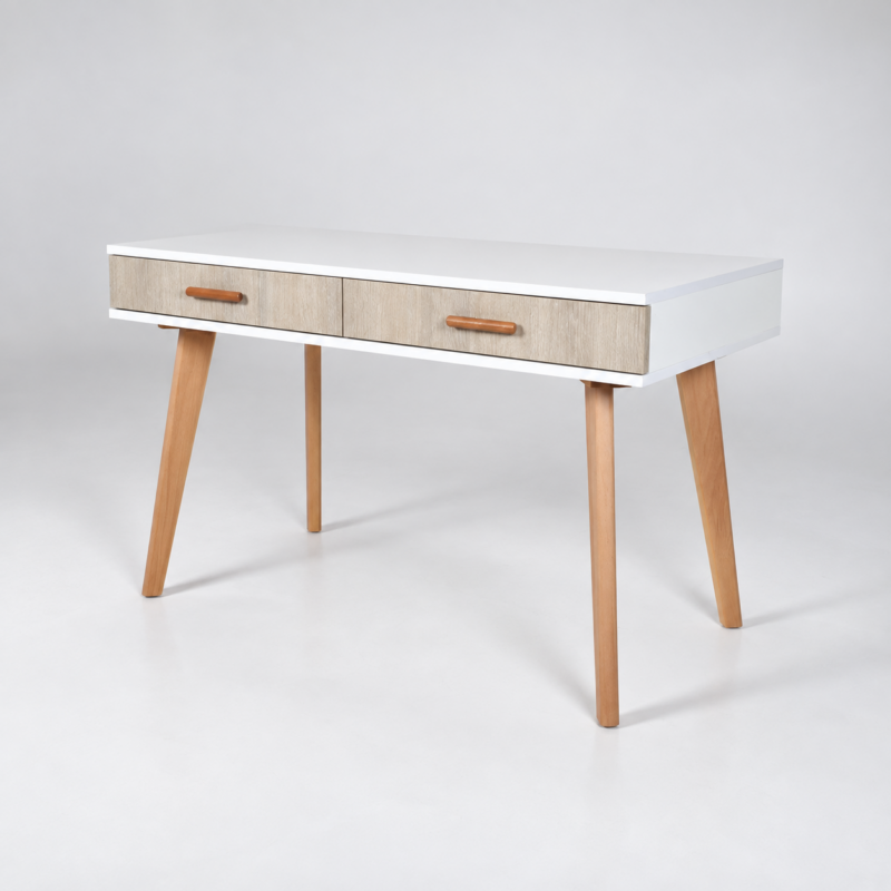 Bureau console blanc et grège à 2 tiroirs avec pieds en bois naturel