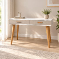Bureau console blanc et grège à 2 tiroirs avec pieds en bois naturel
