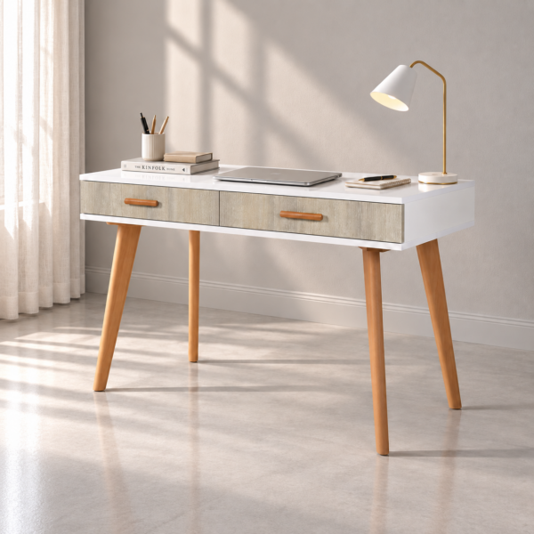 Bureau console blanc et grège à 2 tiroirs avec pieds en bois naturel