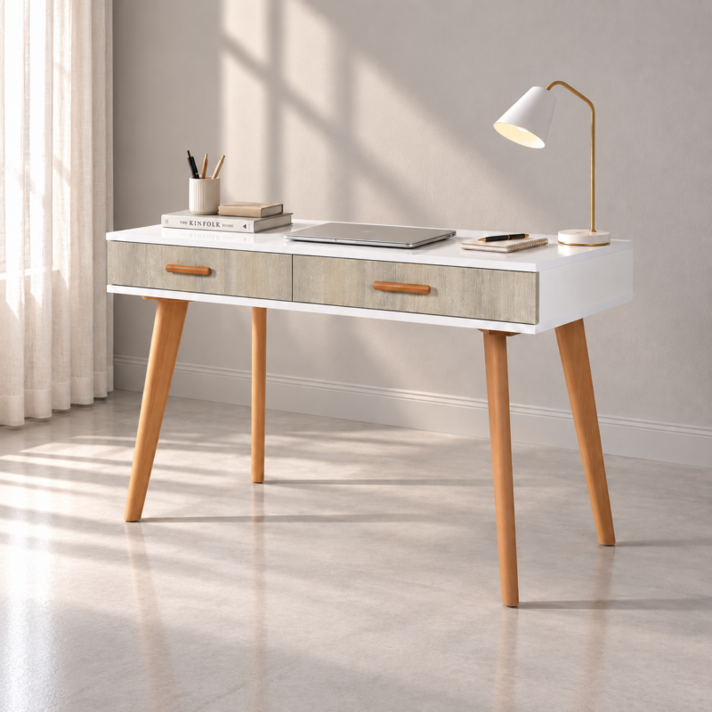 Bureau console blanc et grège à 2 tiroirs avec pieds en bois naturel