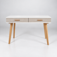Bureau console blanc et grège à 2 tiroirs avec pieds en bois naturel