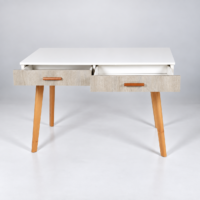 Bureau console blanc et grège à 2 tiroirs avec pieds en bois naturel