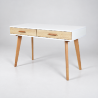Bureau console blanc avec deux tiroirs effet bois naturel et pieds en bois