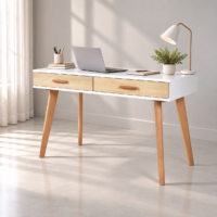 Bureau console blanc avec deux tiroirs effet bois naturel et pieds en bois