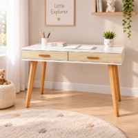 Bureau console blanc avec deux tiroirs effet bois naturel et pieds en bois