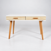 Bureau console blanc avec deux tiroirs effet bois naturel et pieds en bois