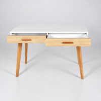 Bureau console blanc avec deux tiroirs effet bois naturel et pieds en bois