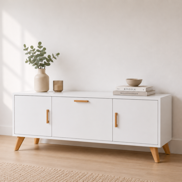 Meuble TV blanc avec pieds et poignées en bois dans un décor minimaliste scandinave lumineux.