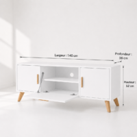 Meuble TV blanc avec pieds et poignées en bois naturel dans un décor minimaliste et moderne.
