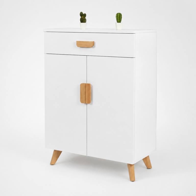 Meuble de rangement blanc moderne avec tiroir, portes et pieds en bois naturel sur fond blanc légèrement grisé.