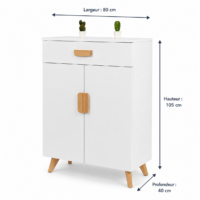 Meuble de rangement blanc moderne avec tiroir, portes et pieds en bois naturel sur fond blanc légèrement grisé.