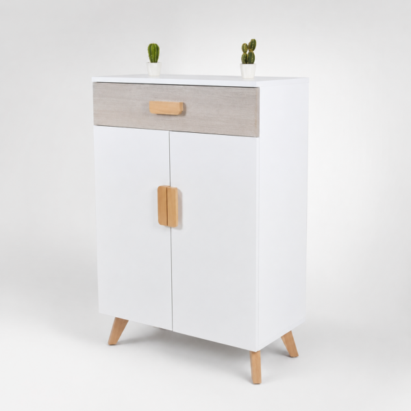 Meuble de rangement blanc style scandinave avec tiroir décor bois, deux portes et pieds en bois naturel.