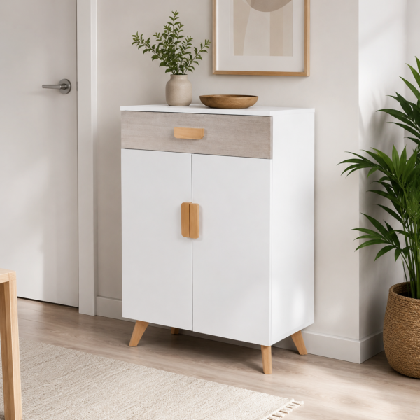 Meuble de rangement blanc style scandinave avec détails effet bois, intégré dans une entrée moderne et lumineuse avec décoration minimaliste.