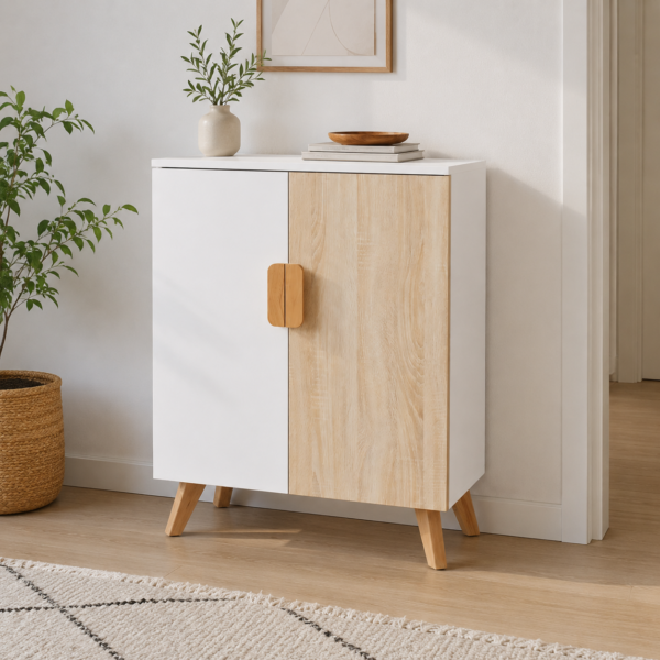 Meuble de rangement scandinave blanc et chêne clair intégré dans une décoration intérieure moderne et lumineuse avec accessoires décoratifs.