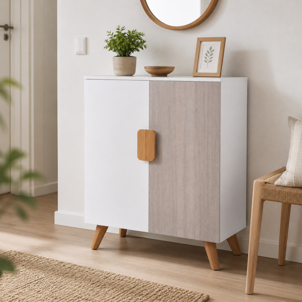 Meuble de rangement scandinave blanc et chêne gris avec pieds en bois dans une entrée moderne décorée avec des accessoires naturels.